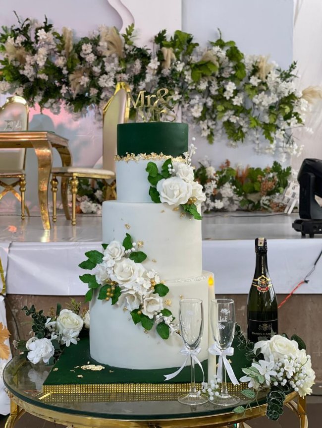 Green and white wedding cake